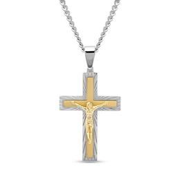 Men's Multi-Finish Crucifix Cross Pendant in Stainless Steel and Yellow Ion Plate - 24&quot;