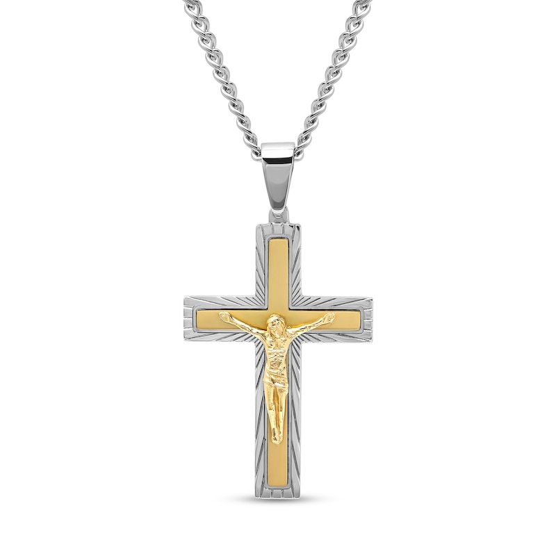 Men's Multi-Finish Crucifix Cross Pendant in Stainless Steel and Yellow Ion Plate - 24"