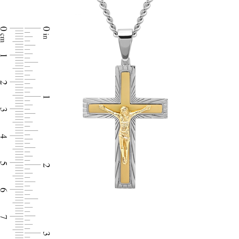 Men's Multi-Finish Crucifix Cross Pendant in Stainless Steel and Yellow Ion Plate - 24"|Peoples Jewellers