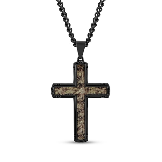 Men's Camouflage Carbon Fiber Cross Pendant in Stainless Steel with Black Ion Plate - 24"