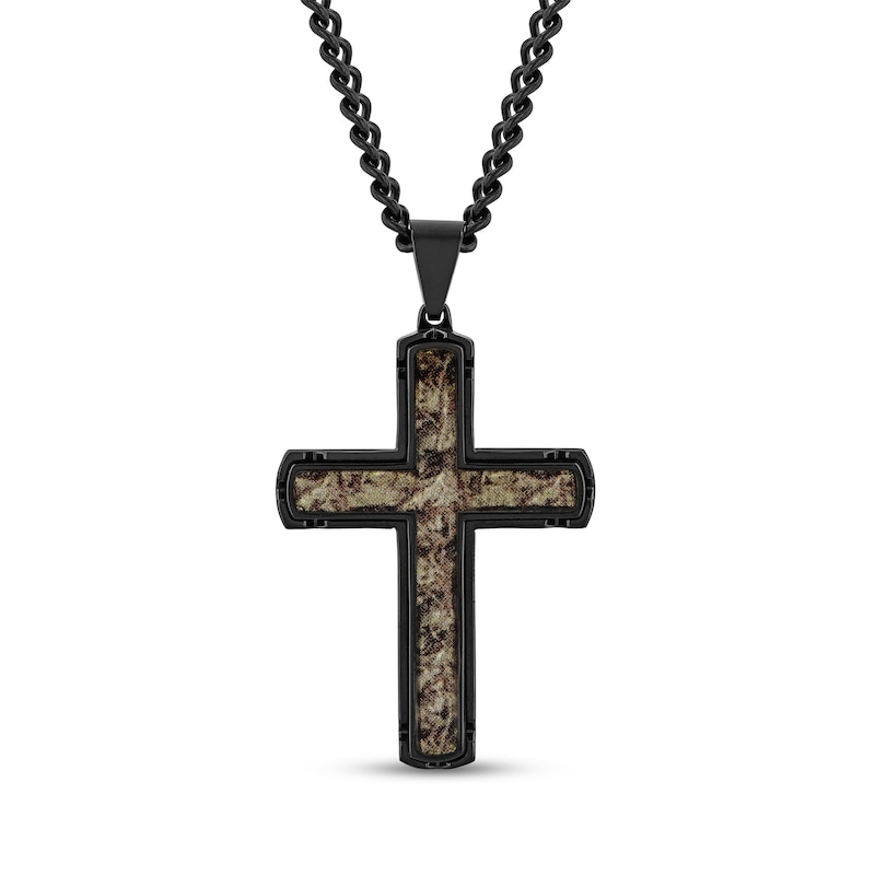 Men's Camouflage Carbon Fiber Cross Pendant in Stainless Steel with Black Ion Plate - 24"|Peoples Jewellers