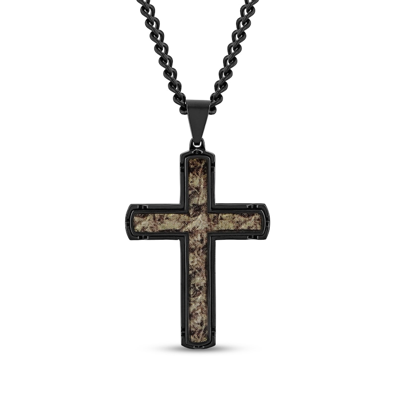 Men's Camouflage Carbon Fiber Cross Pendant in Stainless Steel with Black Ion Plate - 24"