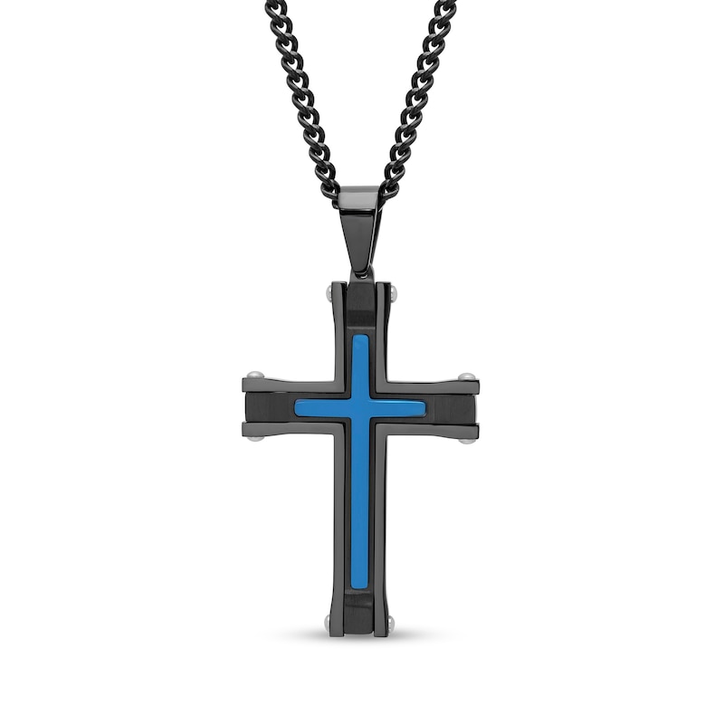 Men's Inlay Cross Pendant in Stainless Steel with Black and Blue Ion Plate - 24"|Peoples Jewellers