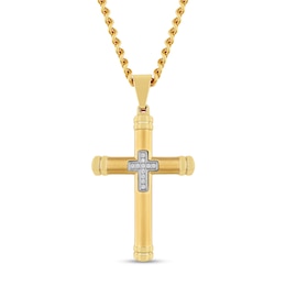 Men's 0.04 CT. T.W. Diamond Mini Cross Inlay Pendant in Stainless Steel and Yellow Ion Plate - 24&quot;