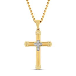 Men's 0.04 CT. T.W. Diamond Mini Cross Inlay Pendant in Stainless Steel and Yellow Ion Plate - 24"