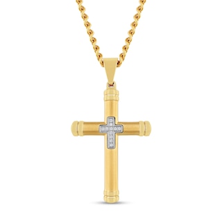 Men's 0.04 CT. T.W. Diamond Mini Cross Inlay Pendant in Stainless Steel Ion Plate