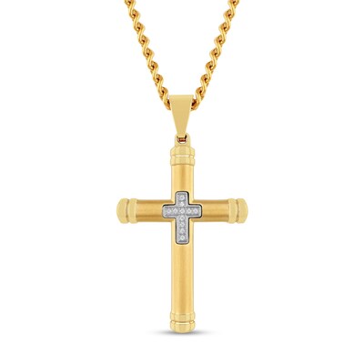 Men's 0.04 CT. T.W. Diamond Mini Cross Inlay Pendant in Stainless Steel Ion Plate