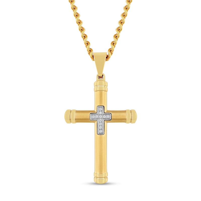 Main Image 1 of Men's 0.04 CT. T.W. Diamond Mini Cross Inlay Pendant in Stainless Steel and Yellow Ion Plate - 24"
