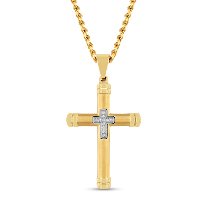 Men's 0.04 CT. T.W. Diamond Mini Cross Inlay Pendant in Stainless Steel Ion Plate