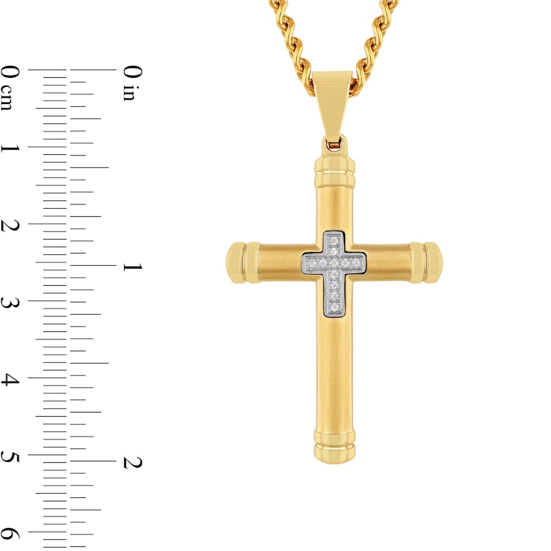 Main Image 2 of Men's 0.04 CT. T.W. Diamond Mini Cross Inlay Pendant in Stainless Steel and Yellow Ion Plate - 24"