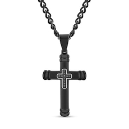 Men's 0.04 CT. T.W. Black Diamond Mini Cross Inlay Pendant in Stainless Steel with Black Ion Plate - 24&quot;