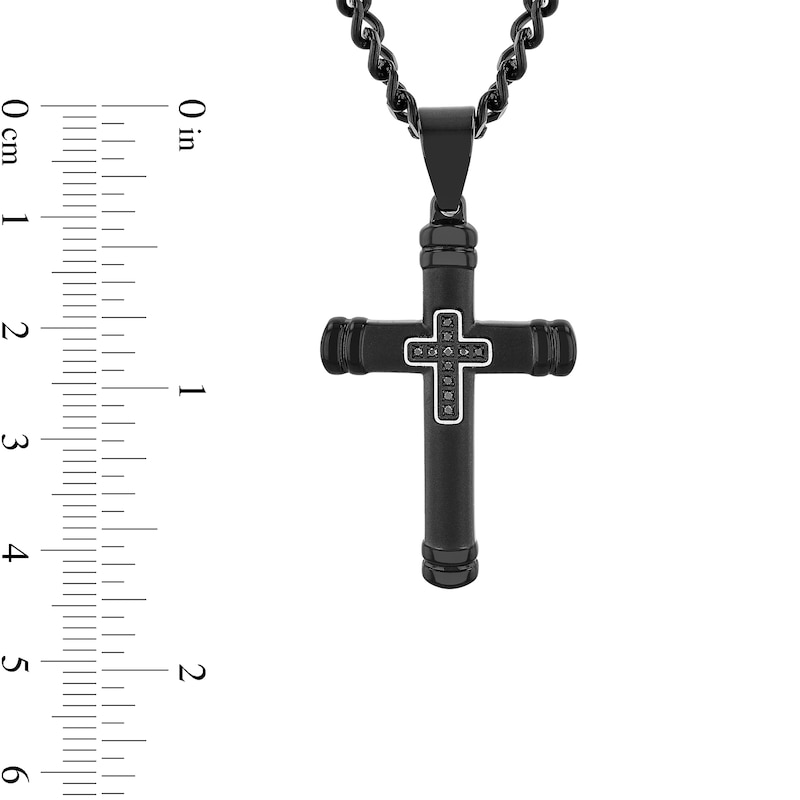 Main Image 2 of Men's 0.04 CT. T.W. Black Diamond Mini Cross Inlay Pendant in Stainless Steel with Black Ion Plate - 24"