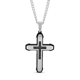 Men's 0.15 CT. T.W. Black Diamond Mini-Cross Inlay Outline Pendant in Stainless Steel and Black Ion Plate - 24&quot;