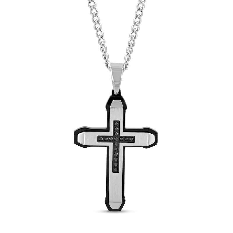 Men's 0.15 CT. T.W. Black Diamond Mini-Cross Inlay Outline Pendant in Stainless Steel and Black Ion Plate - 24"