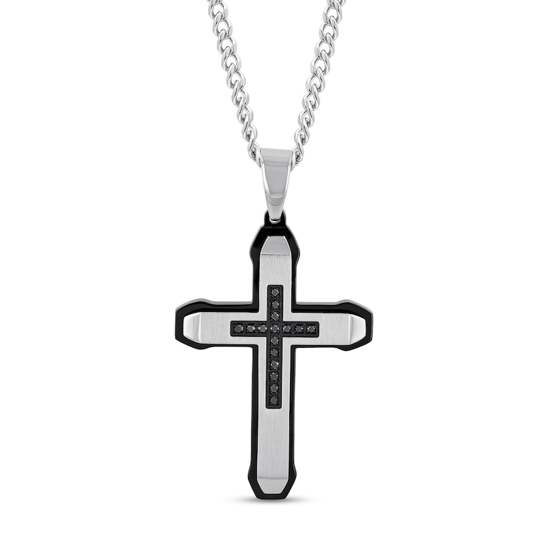 Main Image 1 of Men's 0.15 CT. T.W. Black Diamond Mini-Cross Inlay Outline Pendant in Stainless Steel and Black Ion Plate - 24"