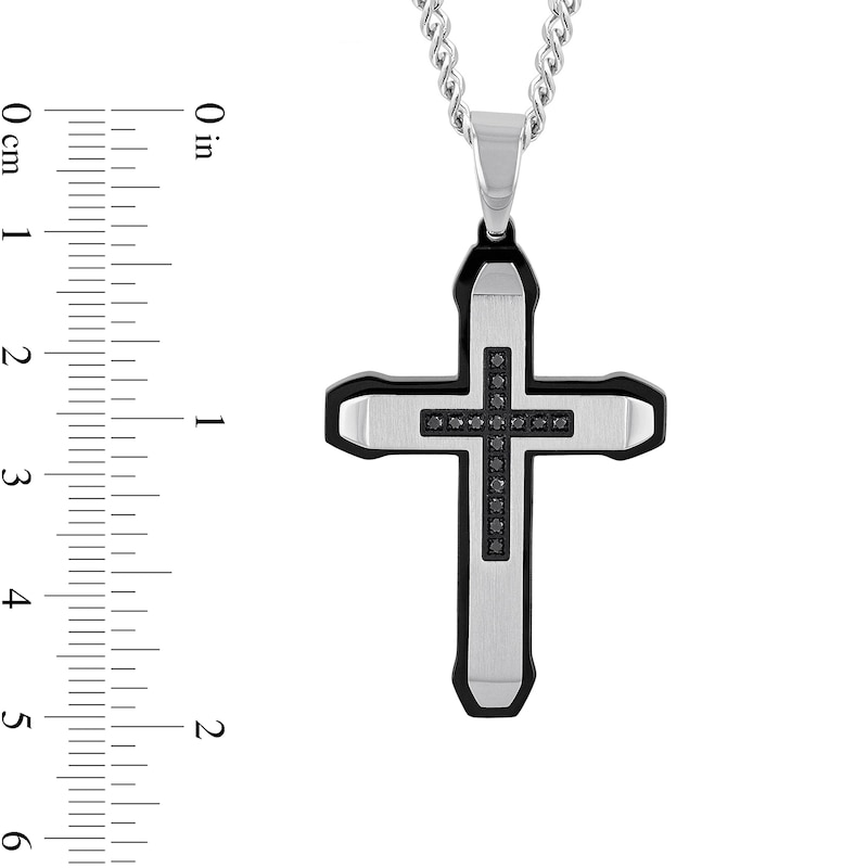 Main Image 2 of Men's 0.15 CT. T.W. Black Diamond Mini-Cross Inlay Outline Pendant in Stainless Steel and Black Ion Plate - 24"