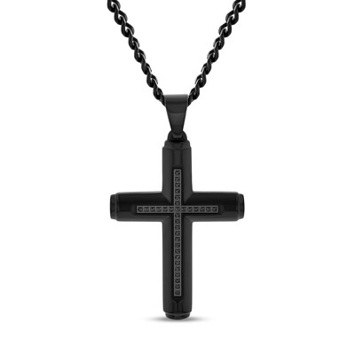 Men's 0.15 CT. T.W. Black Diamond Cross Pendant in Stainless Steel with Black Ion Plate - 24"