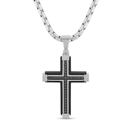 Men's 0.15 CT. T.W. Black Diamond Cross Pendant in Stainless Steel and Black Ion Plate - 24&quot;