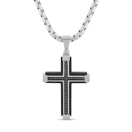 Men's 0.15 CT. T.W. Black Diamond Cross Pendant in Stainless Steel and Black Ion Plate - 24"
