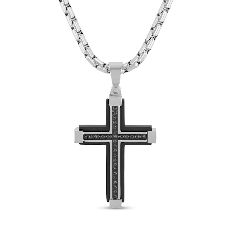 Main Image 1 of Men's 0.15 CT. T.W. Black Diamond Cross Pendant in Stainless Steel and Black Ion Plate - 24"