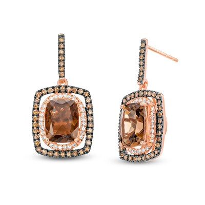 Cushion-Cut Smoky Quartz and 0.50 CT. T.W. Champagne and White Diamond Double Frame Drop Earrings in 10K Rose Gold
