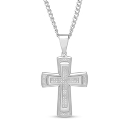 Men's 0.41 CT. T.W. Diamond Stacked Cross Pendant in Stainless Steel - 24&quot;