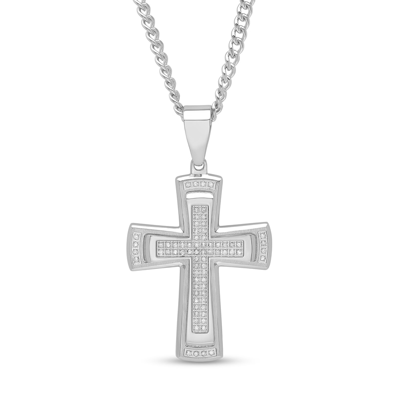 Main Image 1 of Men's 0.41 CT. T.W. Diamond Stacked Cross Pendant in Stainless Steel - 24"