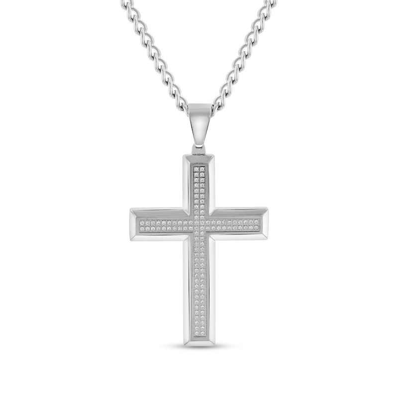 Men's 0.46 CT. T.W. Diamond Double Row Cross Pendant in Stainless Steel - 24"|Peoples Jewellers