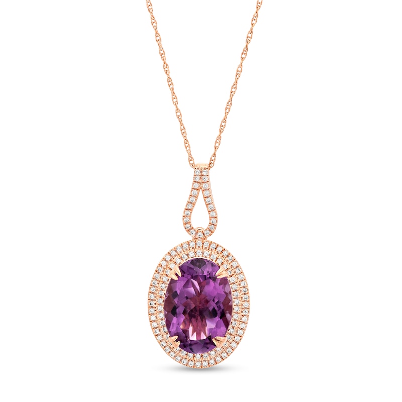 Oval Amethyst and 0.32 CT. T.W. Diamond Double Frame Curved Bail Pendant in 10K Rose Gold