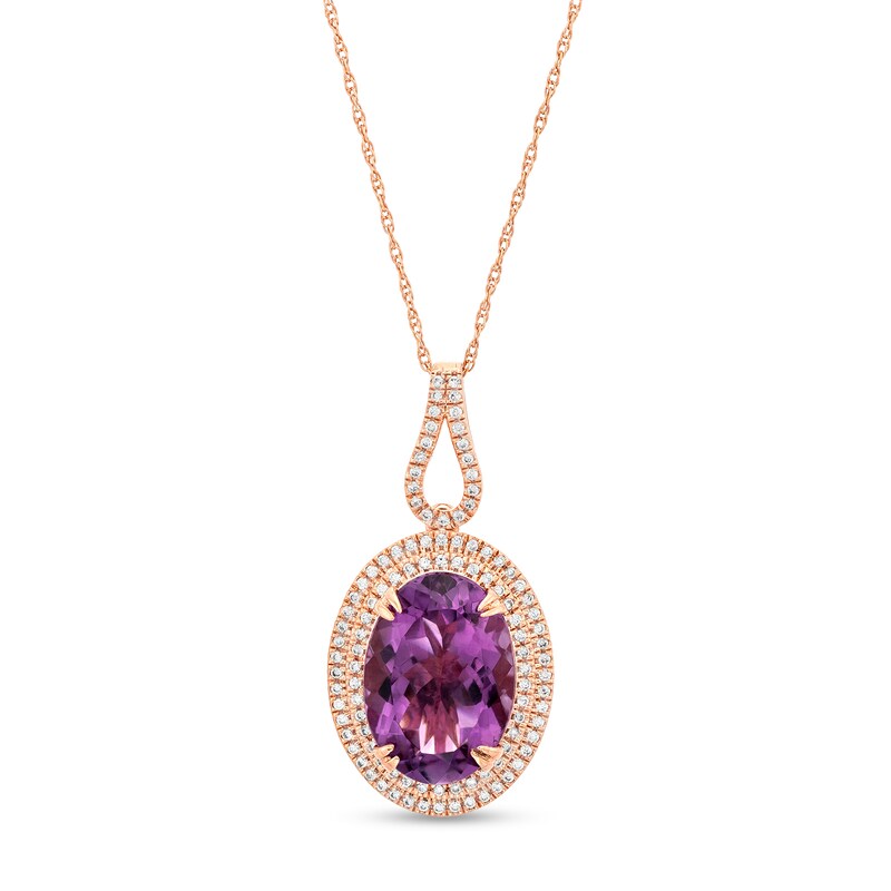 Main Image 1 of Oval Amethyst and 0.32 CT. T.W. Diamond Double Frame Curved Bail Pendant in 10K Rose Gold