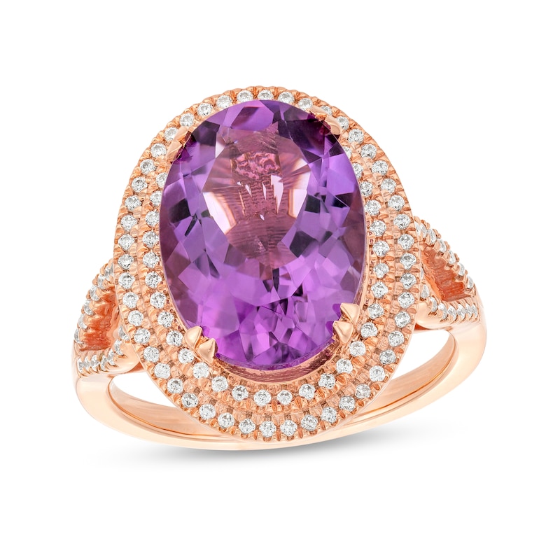 Oval Amethyst and 0.33 CT. T.W. Diamond Double Frame Split Shank Ring in 10K Rose Gold