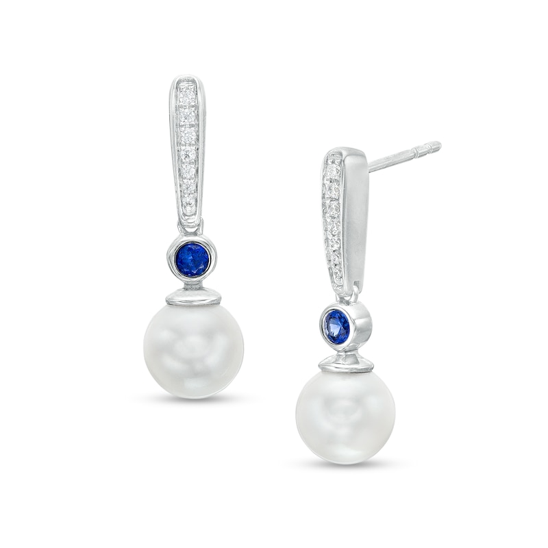 Main Image 1 of Vera Wang Love Collection 7.5mm Freshwater Cultured Pearl, Blue Sapphire and Diamond Drop Earrings in 10K White Gold