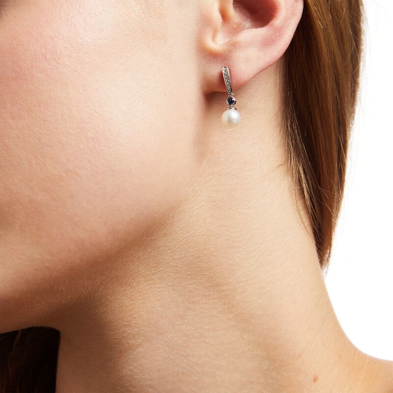 Main Image 2 of Vera Wang Love Collection 7.5mm Freshwater Cultured Pearl, Blue Sapphire and Diamond Drop Earrings in 10K White Gold