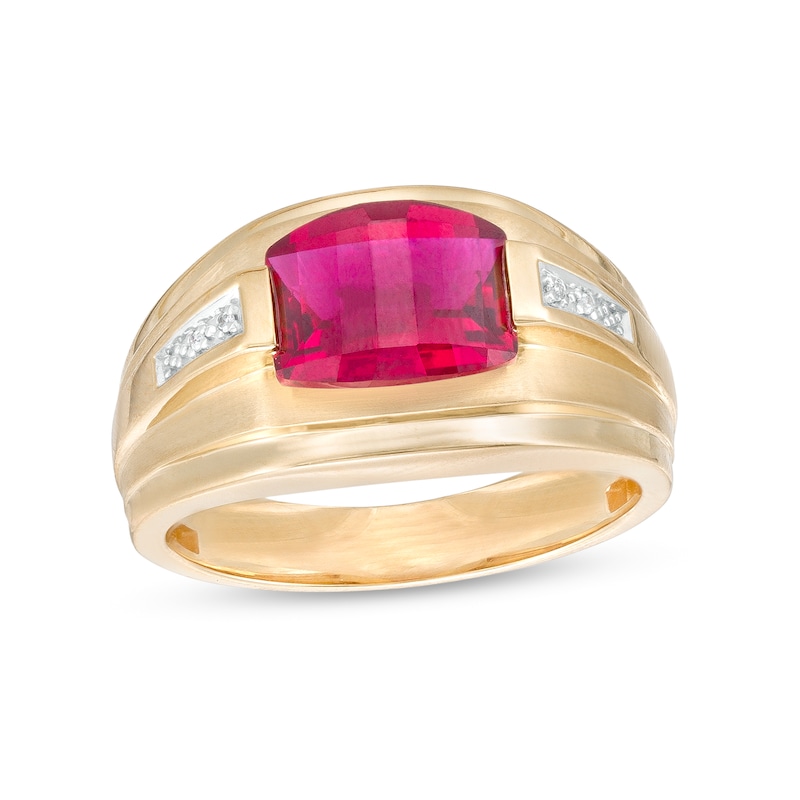 Men's Cushion-Cut Lab-Created Ruby and Diamond Accent Ribbed Shank Ring in 10K Gold|Peoples Jewellers