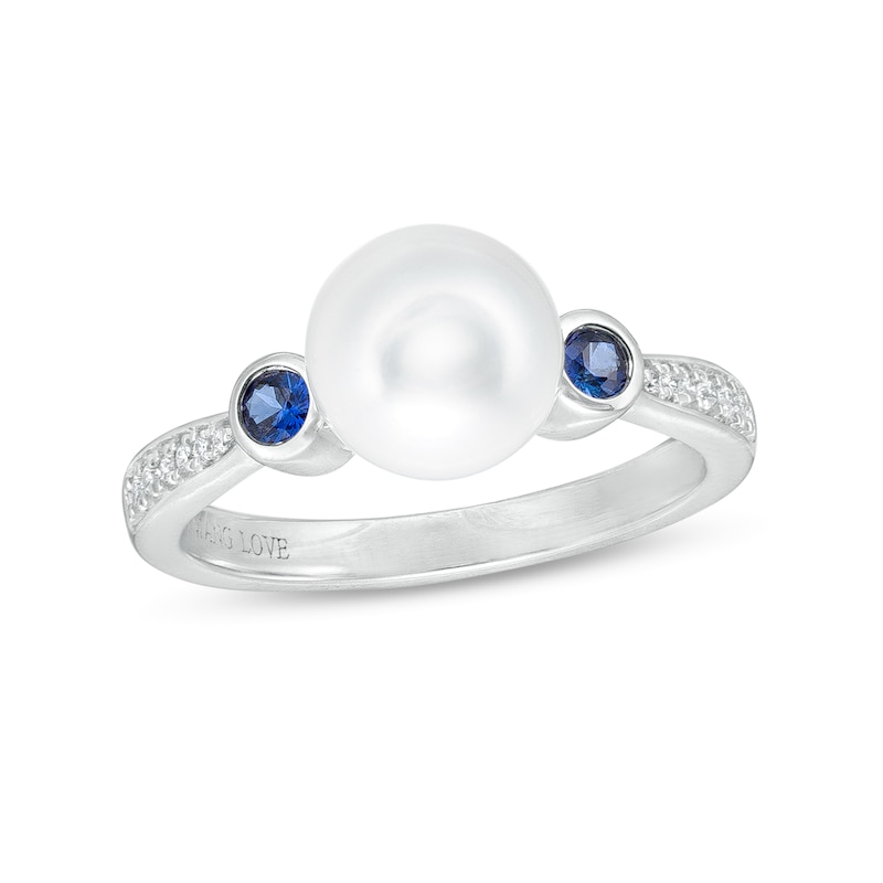 Main Image 1 of Vera Wang Love Collection Freshwater Cultured Pearl, Blue Sapphire and 0.04 CT. T.W. Diamond Ring in 10K White Gold