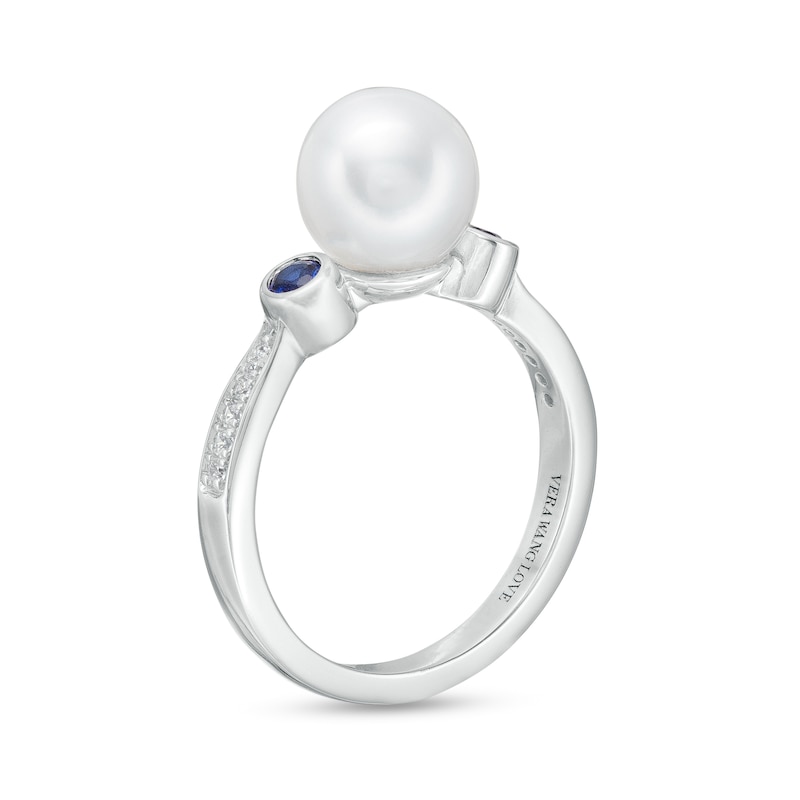 Vera Wang Love Collection Cultured Freshwater Pearl, Blue Sapphire and 0.04 CT. T.W. Diamond Ring in 10K White Gold