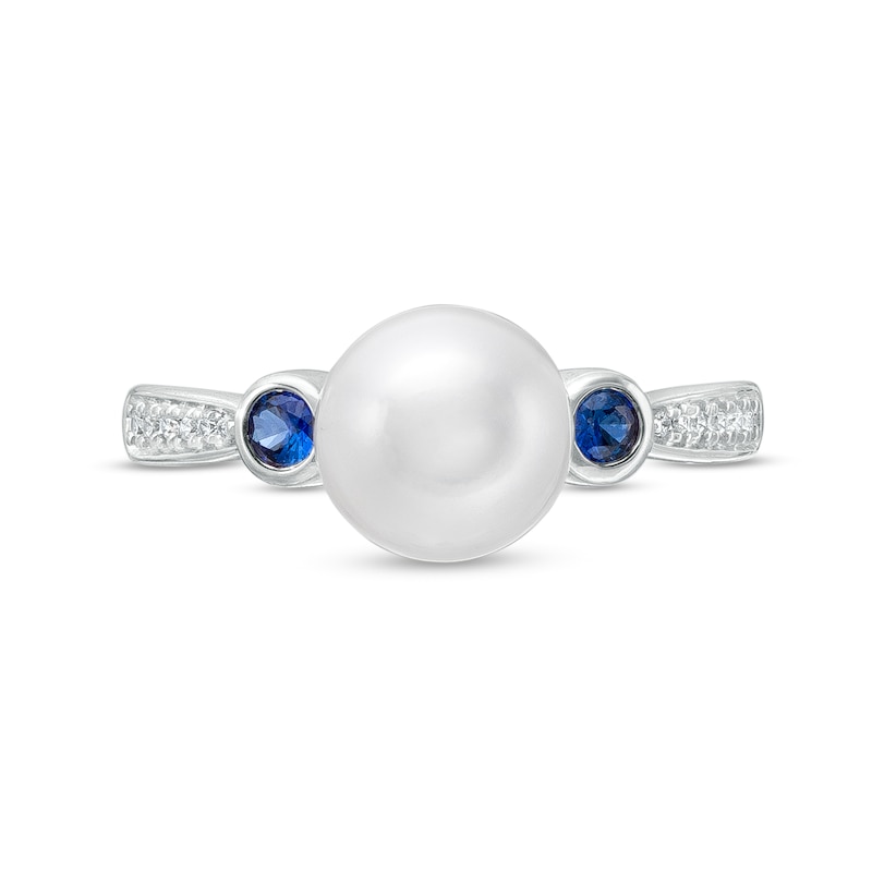 Main Image 4 of Vera Wang Love Collection Freshwater Cultured Pearl, Blue Sapphire and 0.04 CT. T.W. Diamond Ring in 10K White Gold
