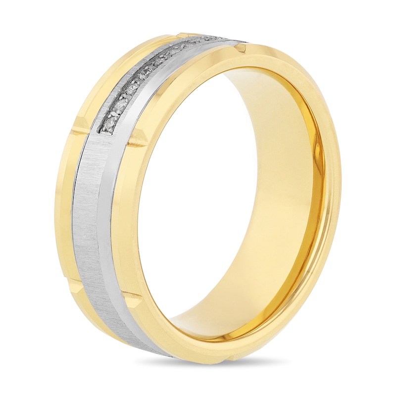 Men's 0.115 CT. T.W. Diamond Grooved Wedding Band in Tungsten with Yellow IP - Size 10