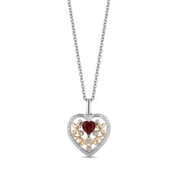 Enchanted Disney Snow White Garnet and 0.085 CT. T.W. Diamond Filigree Heart Pendant in Sterling Silver and 10K Gold