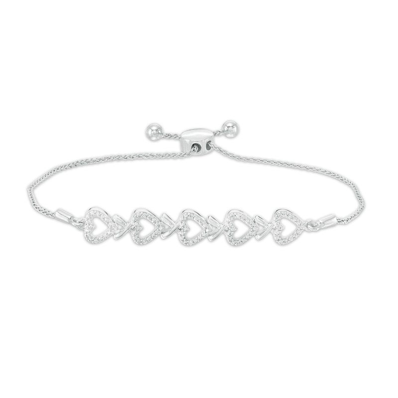 0.04 CT. T.W. Diamond Five Open Hearts Bolo Bracelet in Sterling Silver - 9.5"|Peoples Jewellers