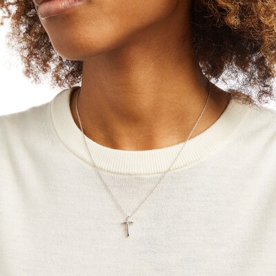 Diamond Accent Curved Cross Pendant in Sterling Silver