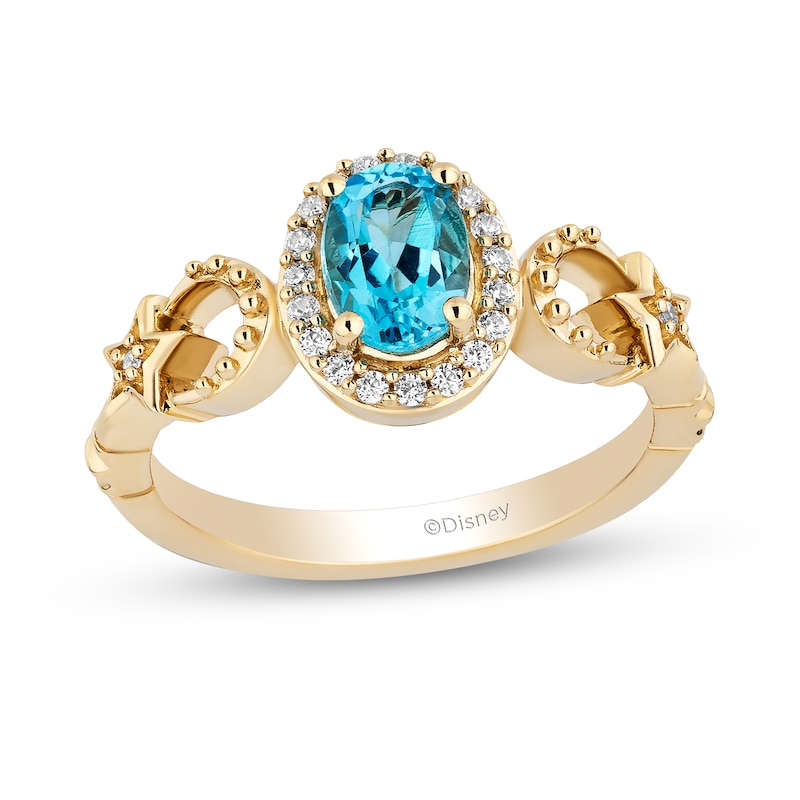 Enchanted Disney Jasmine Oval Swiss Blue Topaz and 0.145 CT. T.W. Diamond Frame Star Sides Ring in 10K Gold