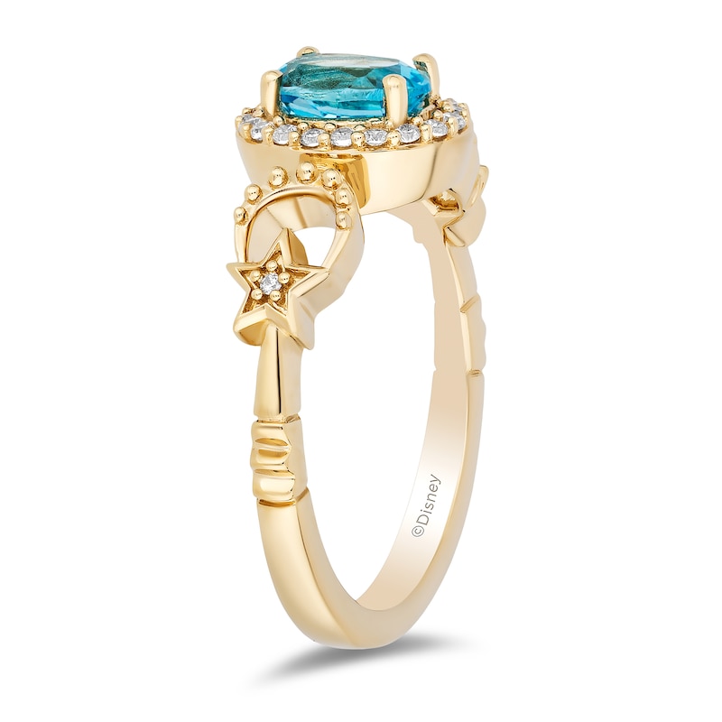 Enchanted Disney Jasmine Oval Swiss Blue Topaz and 0.145 CT. T.W. Diamond Frame Star Sides Ring in 10K Gold