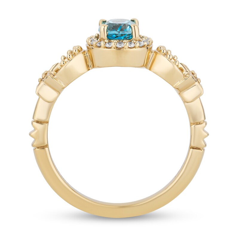 Enchanted Disney Jasmine Oval Swiss Blue Topaz and 0.145 CT. T.W. Diamond Frame Star Sides Ring in 10K Gold