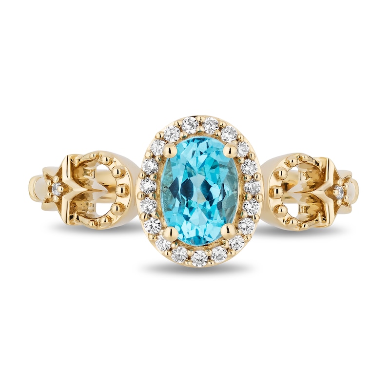 Enchanted Disney Jasmine Oval Swiss Blue Topaz and 0.145 CT. T.W. Diamond Frame Star Sides Ring in 10K Gold