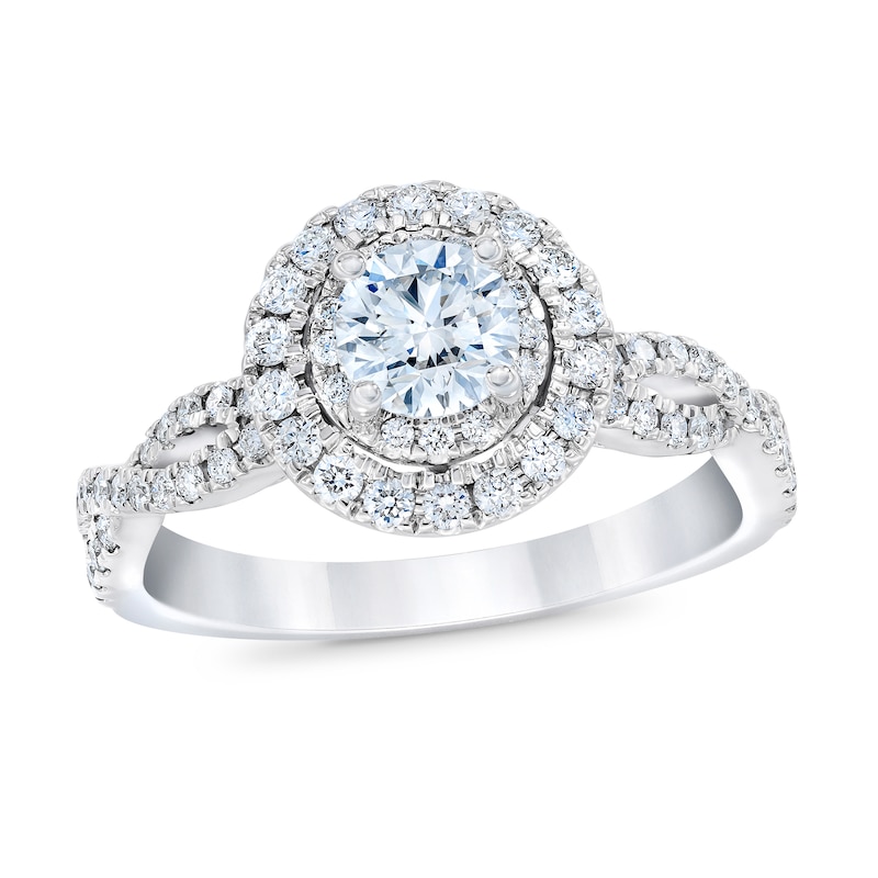 Royal Asscher® 1.00 CT. T.W. Diamond Double Frame Twist Shank Engagement Ring in 14K White Gold