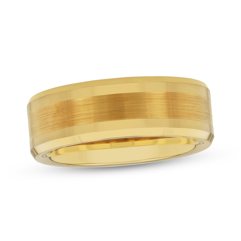 Men's 8.0mm Bevelled Edge Wedding Band in Tungsten with Yellow IP|Peoples Jewellers