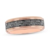 Thumbnail Image 0 of Men's 8.0mm Bevelled Edge Wedding Band in Tungsten with Rose IP and Grey Woven Carbon Fibre Inlay