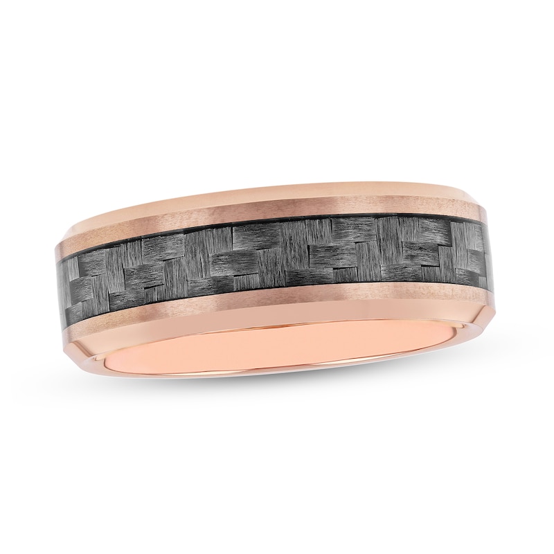 Men's 8.0mm Bevelled Edge Wedding Band in Tungsten with Rose IP and Grey Woven Carbon Fibre Inlay|Peoples Jewellers