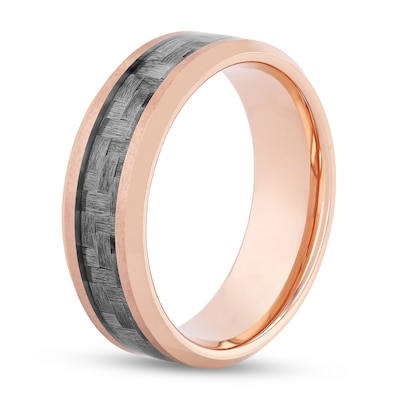 Men's 8.0mm Bevelled Edge Wedding Band in Tungsten with Rose IP and Grey Woven Carbon Fibre Inlay